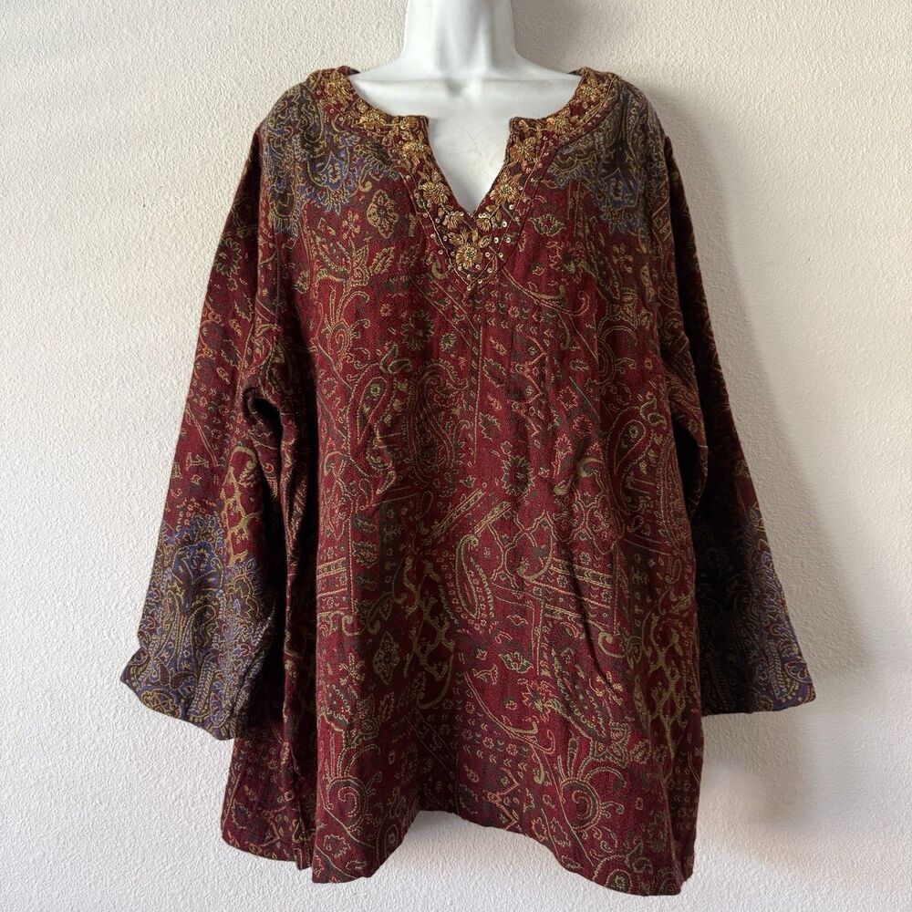 Soft Surroundings Nikol Tapestry Tunic Top 3X Boho Paisley Burgundy Festival